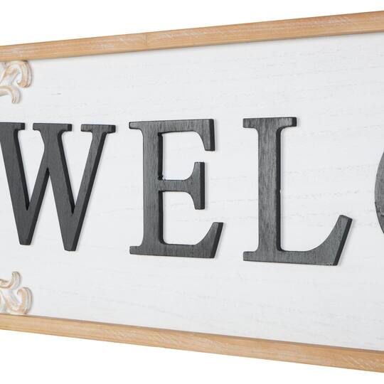 46" x 11" White with Scroll Details Wooden Welcome Sign Wall Décor